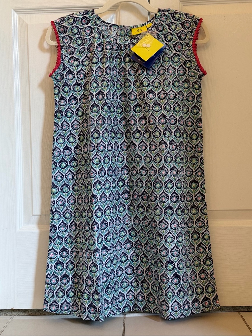 NWT Roller Rabbit Girls' Blue Patterned Dress with Pink Trim size 10